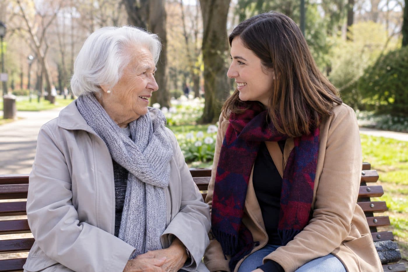 Una donna anziana e una più giovane sedute su una panchina al parco, si guardano e sorridono mentre parlano.